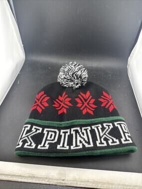 Victoria's Secret PINK Snowflake Beanie Knit Winter Hat Pom Pom Black Green